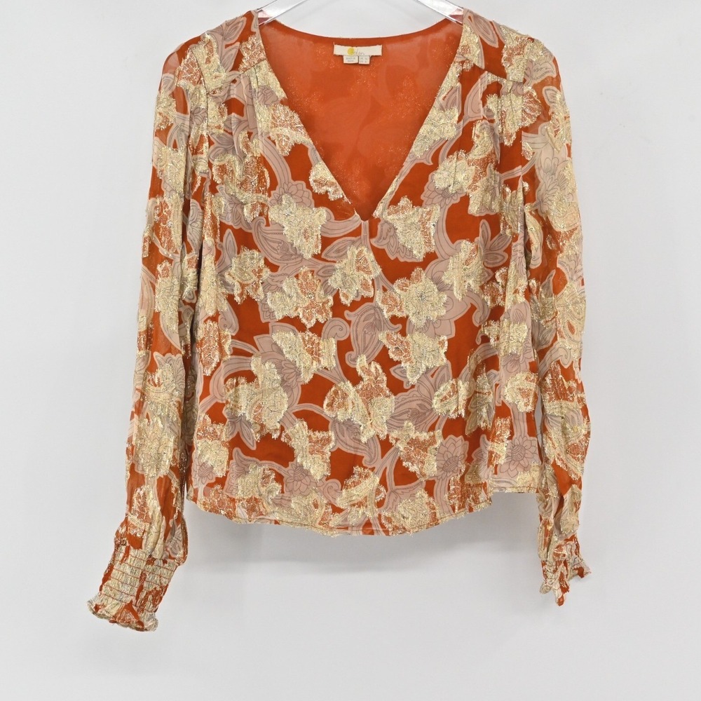 Boden Metallic Floral Paisley Blouse Womens Size 6 Orange Gold Shimmer V-Neck